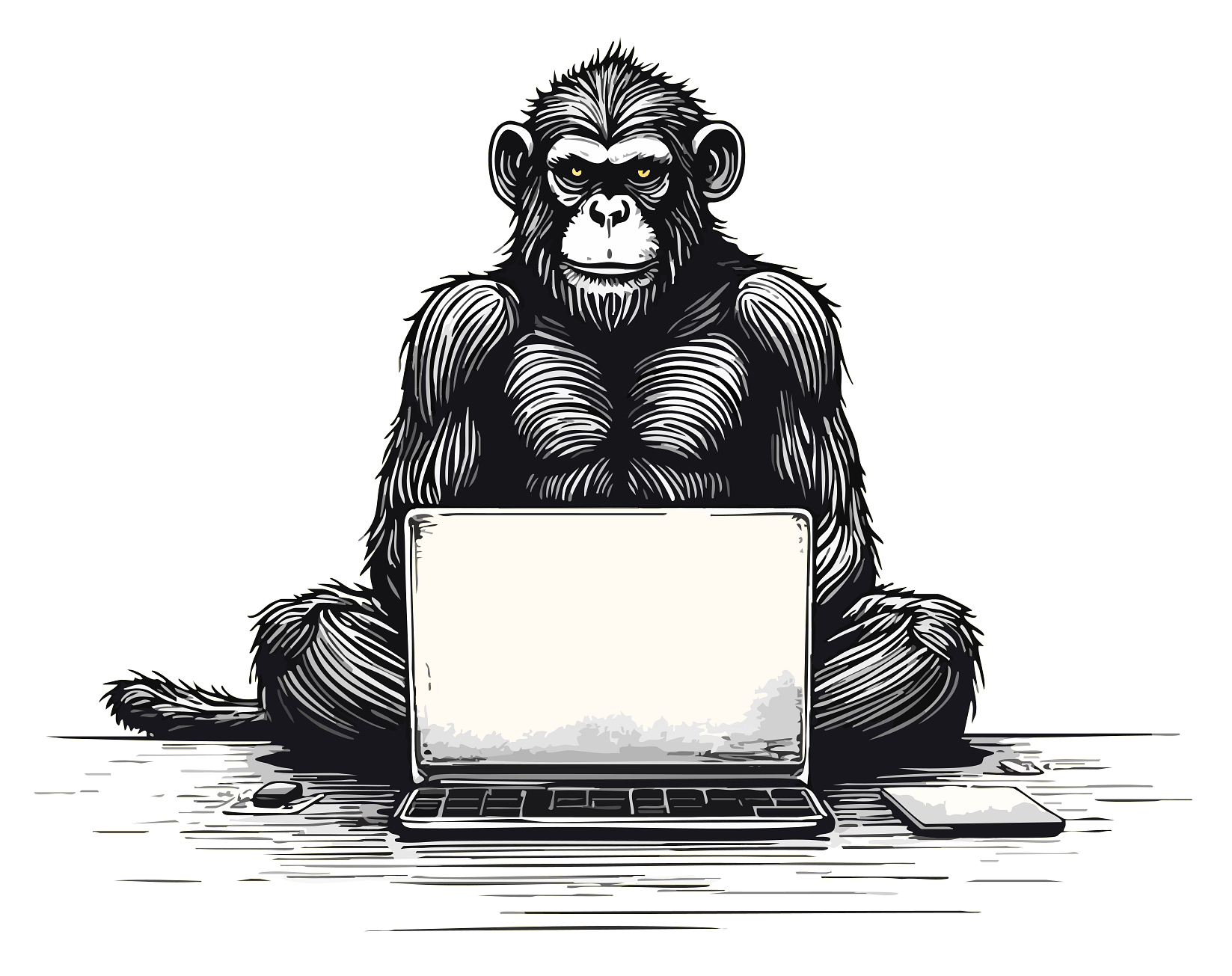 Ape behind laptop
